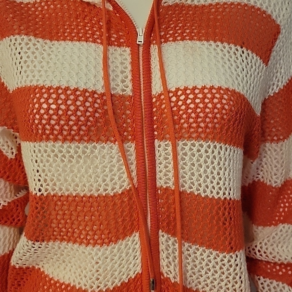 Vtg Quacker Factory Coral Stripe Peekaboo Zipper Hoodie Festival Cover-Up View 4